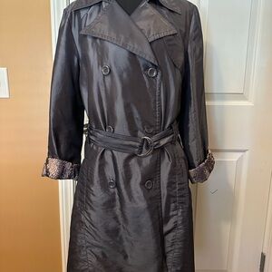 Fabulous Furs Charcoal Satin Double-Breasted Trench Coat with Belt